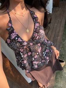 Sunnyshic Delicate Ditsy Floral Halter Neck Frill Trim V-Neck Backless Bow Tie Design Cute Women Tank Top - Multicolor - View 5