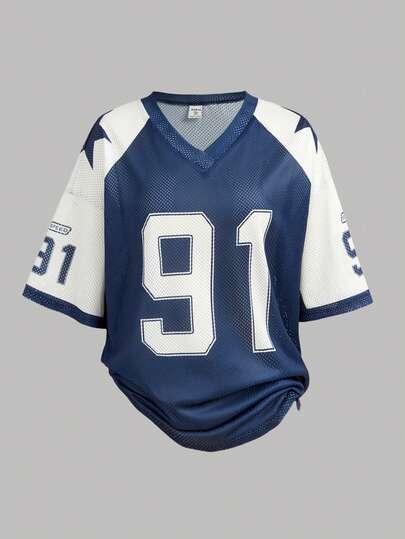 Girlism Camiseta holgada casual de malla de punto con estampado numérico para adolescentes