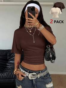 Coolane 女士秋季极简主义Y2K基础日常休闲返校街头风弹力白色宽松褶皱短款T恤黑白两件套 - 咖啡棕 - 查看 3