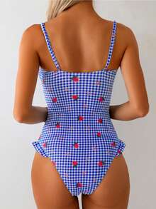SHEIN Swim 女士连体可爱草莓爱心印花蝴蝶结前摆荷叶边休闲度假连体泳衣，夏季 - 藍色 - 查看 2