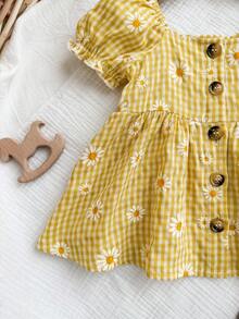1-Piece Newborn Summer Cute Vacation Floral Pattern Bubble Short-Sleeve Square Neck Dress 1 Month Baby Girl Yellow Outfits For New Born Daisy Clothes - Yellow - View 6