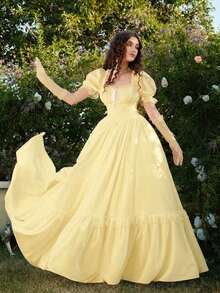 SHEIN MOD 白色蕾丝荷叶边维多利亚复古长裙，派对礼服，舞会礼服，做工精美 - 鵝黃色 - 查看 4