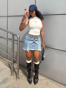 StreetHx Chân váy ngắn denim hình ngôi sao phong cách retro, thời trang, giản dị, đa năng dành cho nữ. - Rửa nhẹ - Xem 1