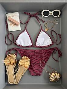 SHEIN Bộ bikini gợi cảm buộc dây cổ họa tiết da báo mùa hè dành cho nữ - Màu Đỏ Sâu - Xem 2