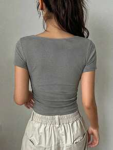 DAZY Women's Versatile Slogan Embroidered Square Neck Short Sleeve T-Shirt, Suitable For Daily Wear In Summer - Grey - View 5