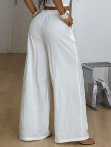 Coolane Trang phục mùa hè dành cho nữ, thích hợp đi xem hòa nhạc, đi biển, phong cách boho cơ bản tối giản, quần trắng 100% cotton đã giặt, ống quần cong. - trắng - Xem 4