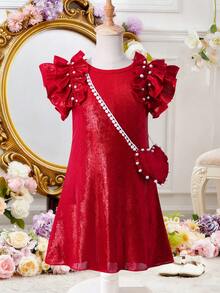 Elladie kids 1件女童春夏优雅甜美光泽质感珍珠装饰短袖A字连衣裙+珍珠斜挎包，适合节日派对和表演 - 紅色 - 查看 4