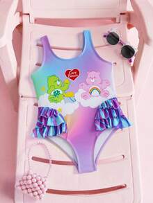 SHEIN X Care Bears 小女孩可爱卡通熊渐变印花多层荷叶边连体泳衣，沙滩/度假风 - 紫羅蘭色 - 查看 1