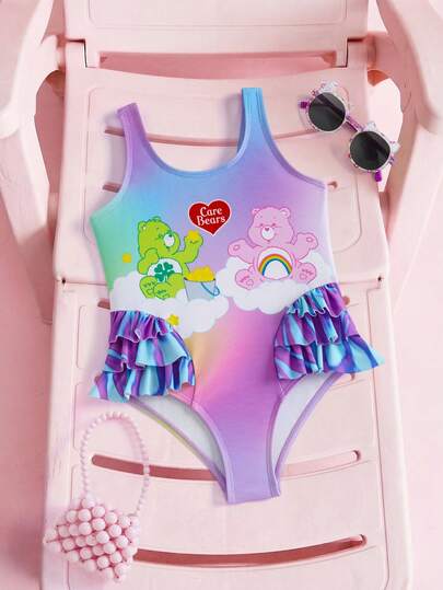 SHEIN X Care Bears 小女孩可爱卡通熊渐变印花多层荷叶边连体泳衣，沙滩/度假风
