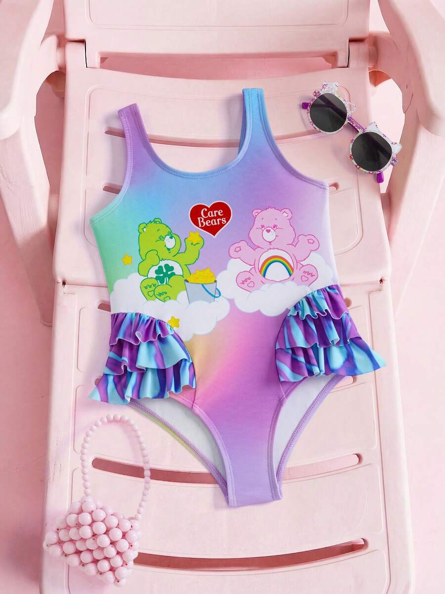 SHEIN X Care Bears 小女孩可爱卡通熊渐变印花多层荷叶边连体泳衣，沙滩/度假风 - 紫羅蘭色 - 查看 1