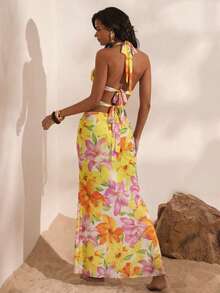 Opulessa Spring & Summer Vacation Knitted Mesh Printed Halter Backless Dress For Women - Light Yellow - View 5