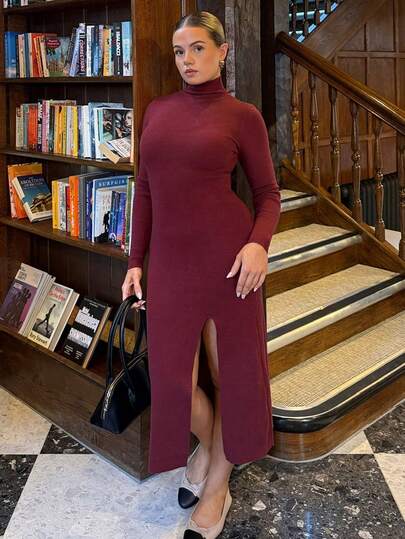 Bethéva 女式优雅纯色开叉长袖毛衣裙，秋冬