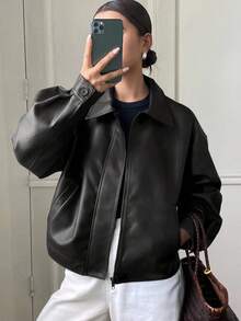 DAZY Autumn/Winter New Loose Casual Thick PU Women Regular Jacket - Black - View 3