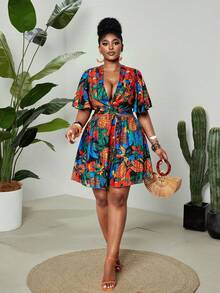 SHEIN CURVE+ Đầm tay ngắn in họa tiết nhiều màu sắc cỡ lớn - Nhiều màu - Xem 6
