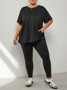 SHEIN CURVE+ Ensemble 2 pièces décontracté pour femmes grandes tailles, t-shirt à col rond à manches courtes de couleur unie et leggings - Noir - Voir 7