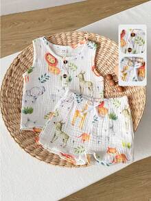 SHEIN Playful Pals Bộ 2 món đồ chơi trẻ em dễ thương in hình sư tử, voi, hươu cao cổ, áo thun ngắn tay và quần short cho bé trai. - trắng - Xem 8