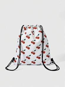 ROMWE Kawaii Sweet Cherry Printed Drawstring Backpack - Lightweight And Lovely Lace Trimmed Casual Backpack With Transparent Pocket Fitness Bag For School, Commuting, Travel And Daily Use - White Cherry - View 2