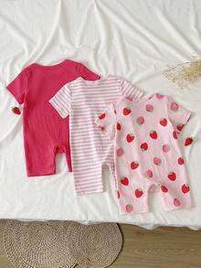 SHEIN 3pcs Baby Girls' Sweet Cherry Print Round Neck Short Sleeve Romper Set, Suitable For Casual Daily Wear, Spring/Summer - Multicolor - View 2
