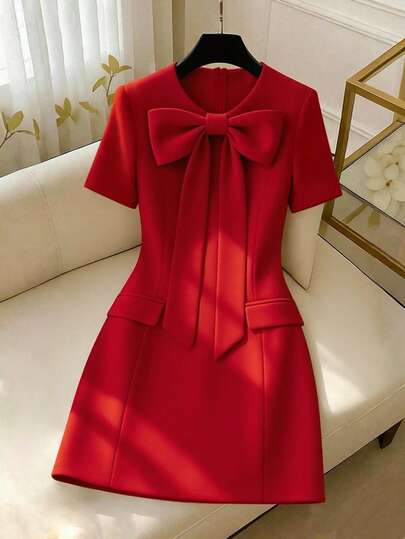 Franclia 时尚夏季、春季、情人节、浪漫、约会、海滩、婚礼、生日、郊游、优雅、休闲、度假圆领蝴蝶结装饰短袖女装