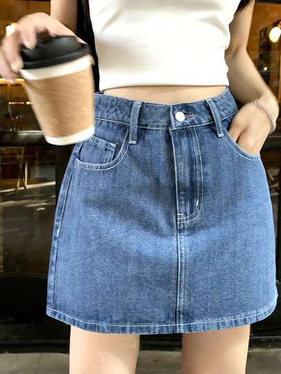 DAZY Chân váy denim ngắn nữ màu trơn, túi xéo, kiểu dáng thường ngày, đa năng.