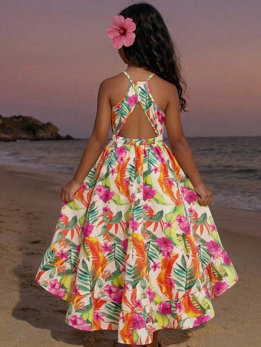 SHEIN Tween Girls Cute Tropical Print Halter Backless Front Short Back Long Dress, Suitable For Summer & Vacation - Multicolor - View 1