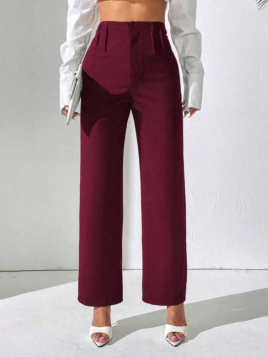 SHEIN PETITE Pantalón recto suelto de oficina de cintura alta de color liso y plisado para mujer - Burdeos - Ver 1