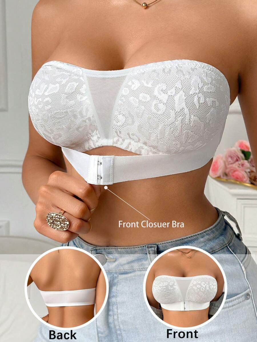 DesireSculpt 1 chiếc áo ngực quây không gọng phối ren cho nữ - trắng - Xem 1