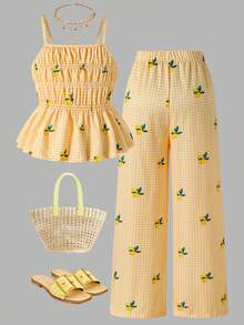 SHEIN Girls Striped Bow Camisole Top And Straight Leg Pants Summer Vacation Outfit - Yellow - View 2