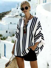 SHEIN Holidaya Áo kiểu nữ dáng rộng, họa tiết sọc, cổ chữ V, tay lửng 3/4, thích hợp cho kỳ nghỉ. - Đen và trắng - Xem 3