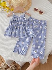 SHEIN 女童夏季两件套，蓝白条纹雏菊印花无袖上衣搭配同色长裤，清新乡村风，适合海滩度假、公园郊游、日常穿着、舞蹈表演等场合。 - 藍色 - 查看 7