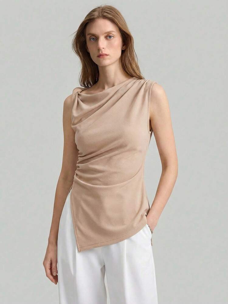 2026 New Women's Twist Shoulder Elegant T-Shirt,Side Ruched Slit Waist Apricot Basic Top,Summer Summmer Office Business Casual Brunch Vacation Top