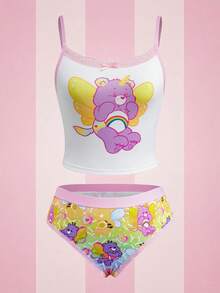 SHEIN X Care Bears Bộ đồ lót nữ 2 món, áo hai dây và quần lót in họa tiết, dòng sản phẩm lãng mạn. - Hồng - Xem 2