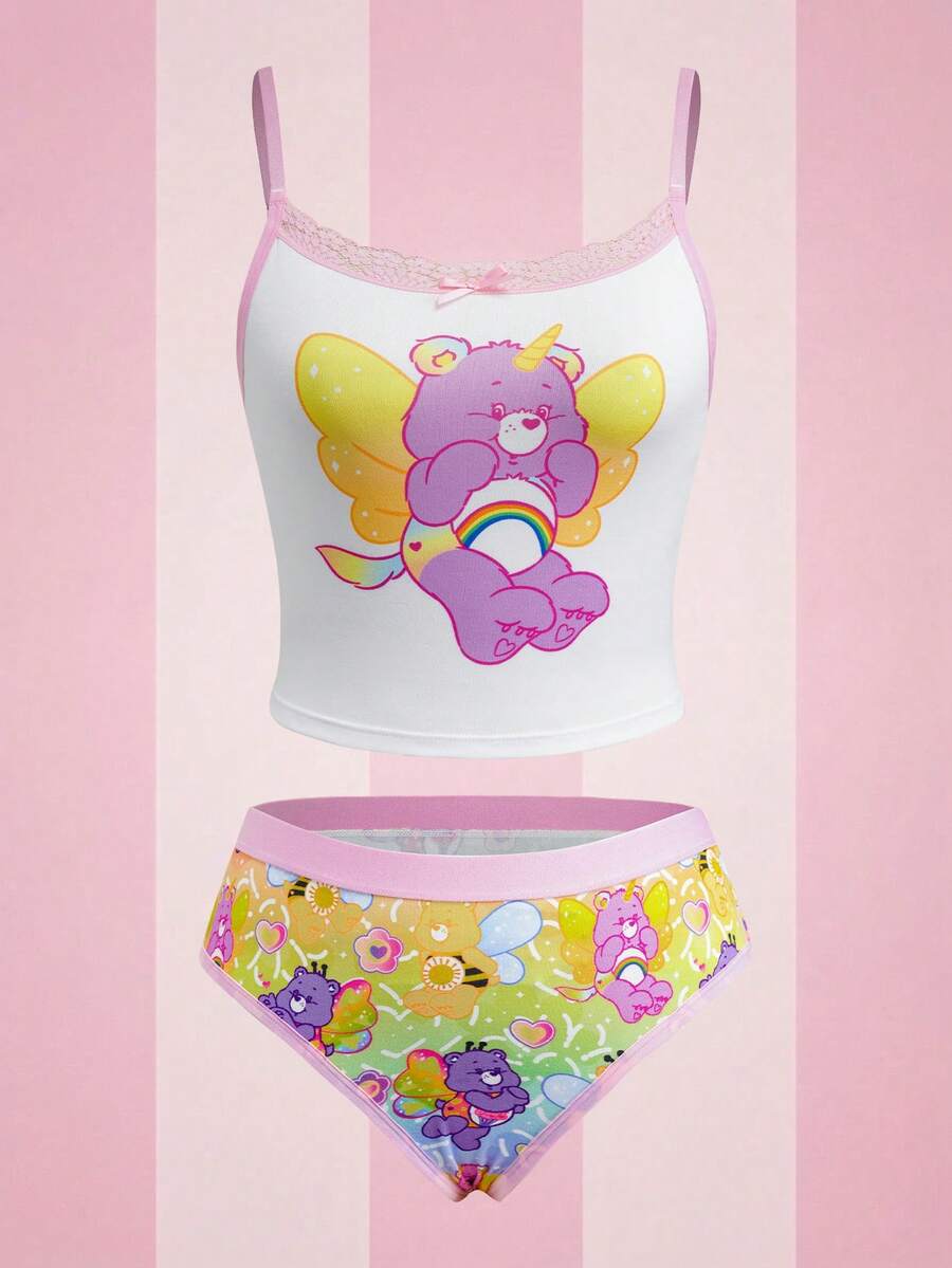 SHEIN X Care Bears 两件套女士内衣套装，吊带背心和印花数码内裤，浪漫系列 - 粉色 - 查看 1