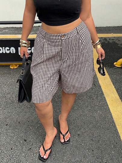 POPSWAY 大码女士休闲黑白格子短裤，春季