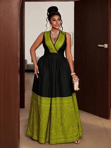 Plus Size Colorblock V-Neck Sleeveless Dress - Black - View 4