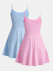 SHEIN Girlism 2pcs/Set Teen Girl Solid Color Casual Daily Vacation Camisole Dress - Pink - View 2