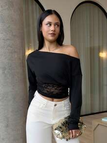 女士露肩长袖撞色蕾丝时尚T恤 - 黑色 - 查看 6
