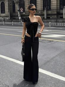 DAZY Débardeur sexy épaules dénudées, nouveau design estival avec ourlet asymétrique froncé, blouse ajustée et courte - Noir - Voir 5