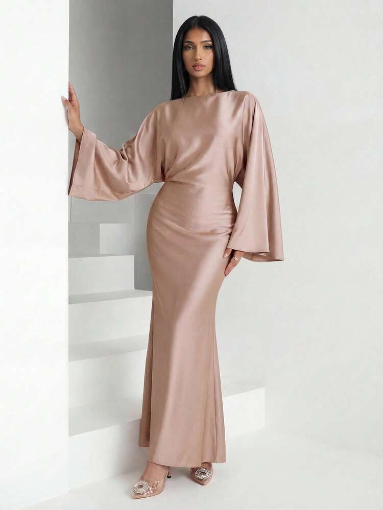 Veilorie Vestido largo de estilo árabe de manga larga y unicolor, de uso casual y modesto - Rosa coral - Añade 4