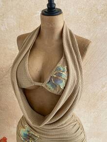 Soleia Vestido mini sexy con cuello drapeado y lentejuelas florales para mujer - Caqui - Ver 3