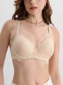 Hourtrue 蜜桃女孩米色性感蕾丝女士钢圈文胸，提拉塑形，舒适时尚 - 米色 - 查看 7