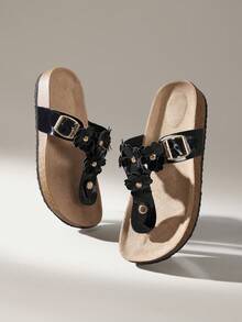 Solecia Women's Adjustable Buckle Casual Beach Slippers For Christmas - Black - View 2