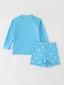 SHEIN 2pcs/Set Young Boys Swimwear,Cute Navy Blue Coconut Tree Print Long Sleeve T-Shirt+Trunks,Rash Guard For Summer Holiday Beach Vacation Surfing Outfit - Royal Blue - View 2