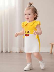 BABY SHARK X SHEIN Baby Girl Cartoon Print Contrast Color Cute Doll Face Dress - Yellow - View 4