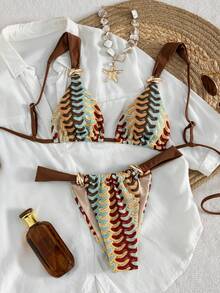 Swim Vcay Bộ bikini nữ đi biển mùa xuân/hè, chất liệu vải jacquard dệt kim, trang sức kim loại, dây đeo vai thô, lưng đẹp, gợi cảm, thời trang, thanh lịch. - Nhiều màu - Xem 7
