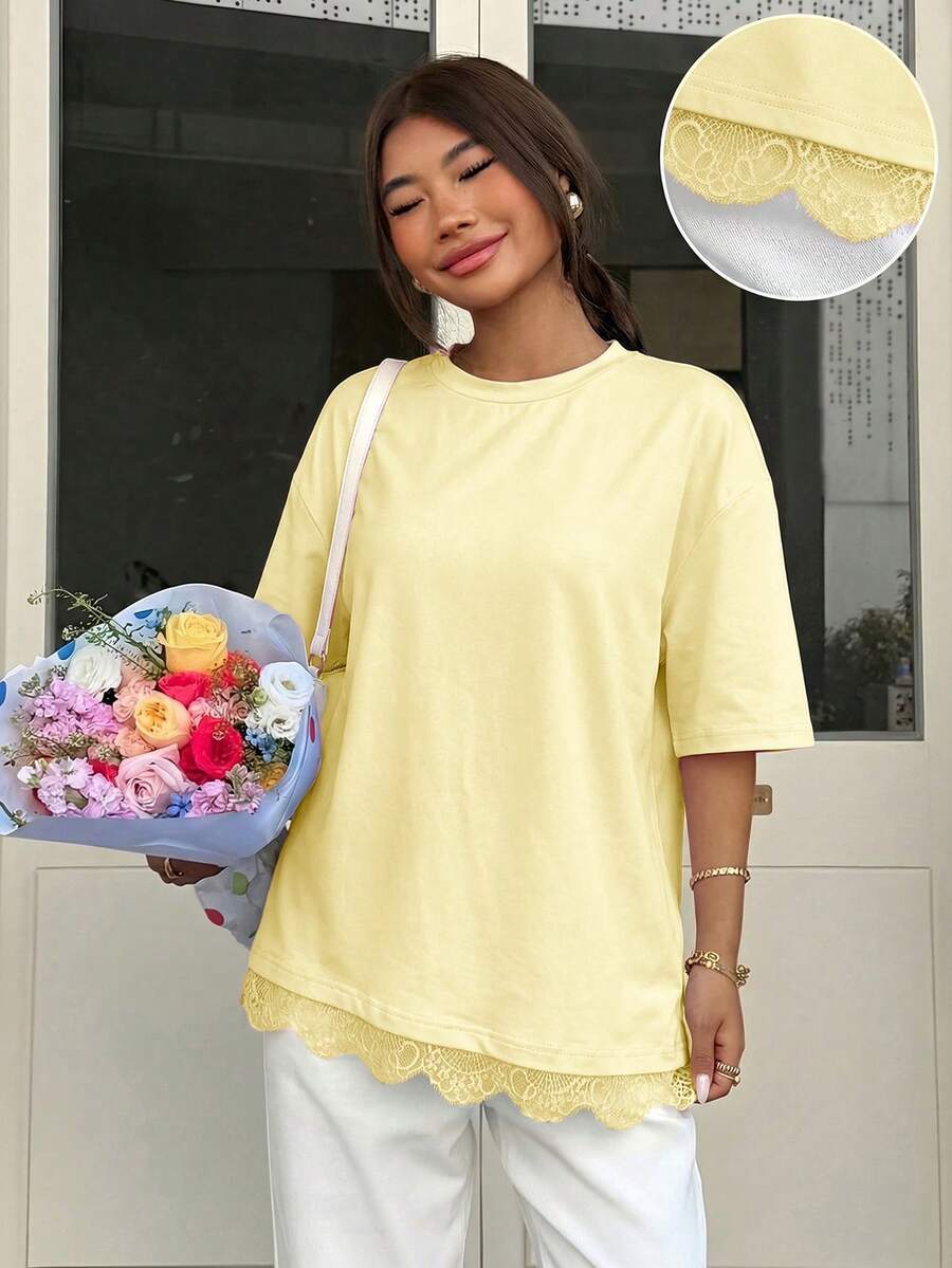 Muchica 女款春夏新款蕾絲飾邊T恤,夏季黃色柔和色調女上衣,優雅休閒襯衫,春季休閒睡衣套裝 - 鵝黃色 - 查看 1