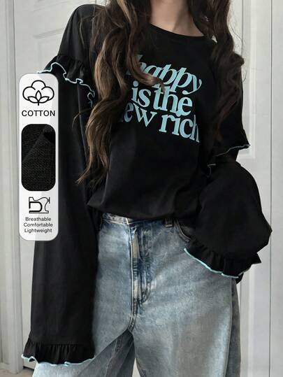 FRIFUL Áo thun dài tay in họa tiết dành cho nữ, có viền bèo nhún.