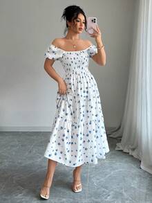 Flora Isola Flora Isola 女士方领束腰碎花优雅短款连衣裙 - 藍白色 - 查看 1