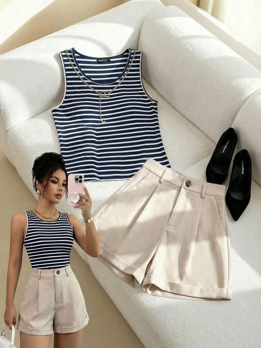 Franclia Conjunto de 2 piezas de top de tirantes casual a rayas y shorts para mujer - Multicolor - Ver 1