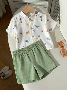 SHEIN 2pcs Baby Boy Dinosaur Print Short Sleeve Mandarin Collar Shirt And Green Shorts Set,Green And White Striped,Summer,Casual,City Break,Holiday Party - Multicolor - View 1